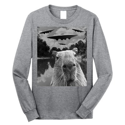 Funny Graphic Capybara Selfie With Ufos Weird Long Sleeve Shirt