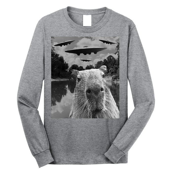 Funny Graphic Capybara Selfie With Ufos Weird Long Sleeve Shirt