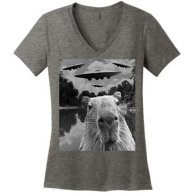 Funny Graphic Capybara Selfie With Ufos Weird Women's V-Neck T-Shirt