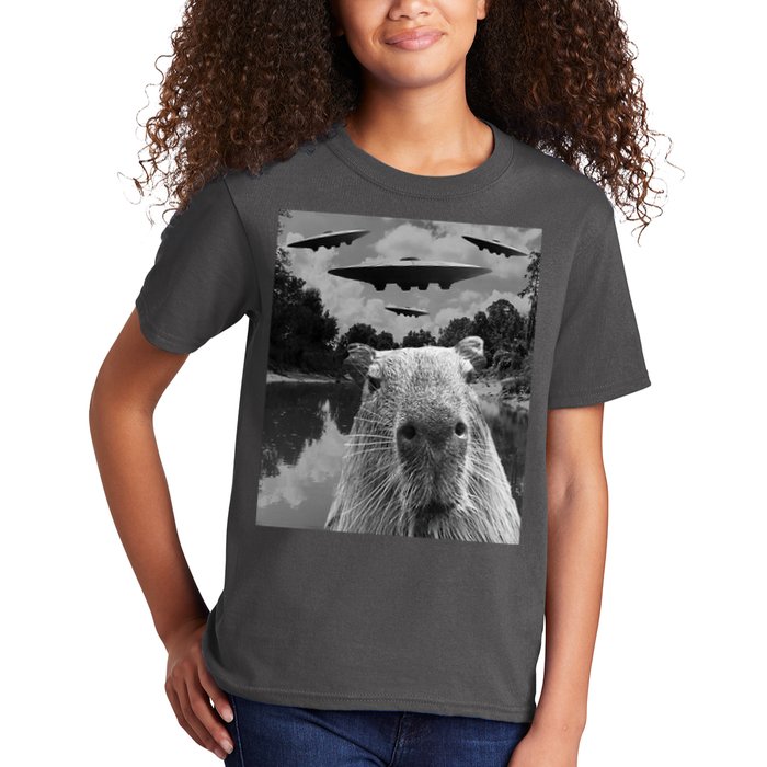 Funny Graphic Capybara Selfie With Ufos Weird Kids T-Shirt