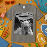 Funny Graphic Capybara Selfie With Ufos Weird Kids T-Shirt