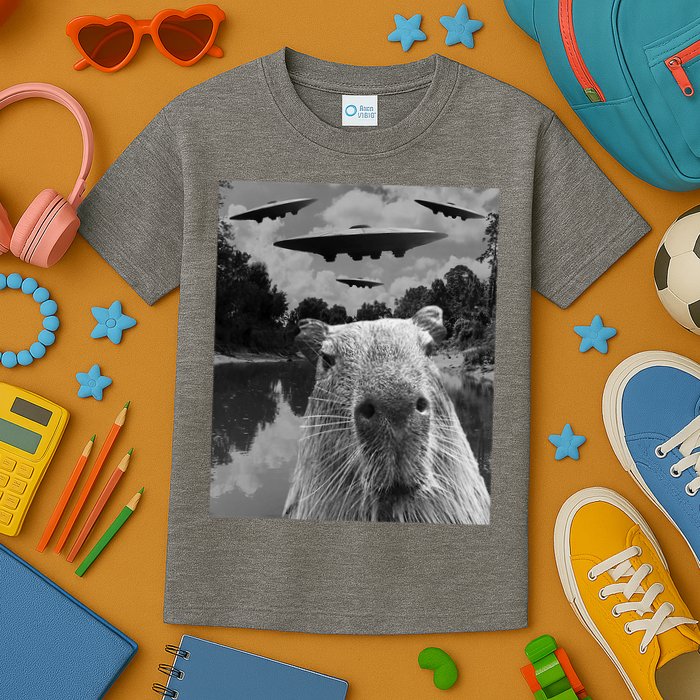 Funny Graphic Capybara Selfie With Ufos Weird Kids T-Shirt