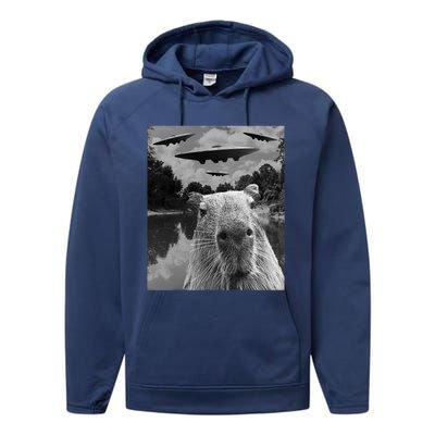 Funny Graphic Capybara Selfie With Ufos Weird Performance Fleece Hoodie