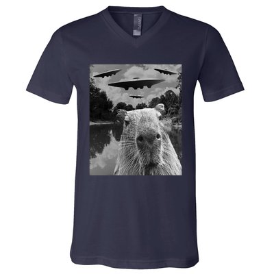 Funny Graphic Capybara Selfie With Ufos Weird V-Neck T-Shirt