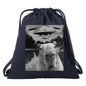 Funny Graphic Capybara Selfie With Ufos Weird Drawstring Bag