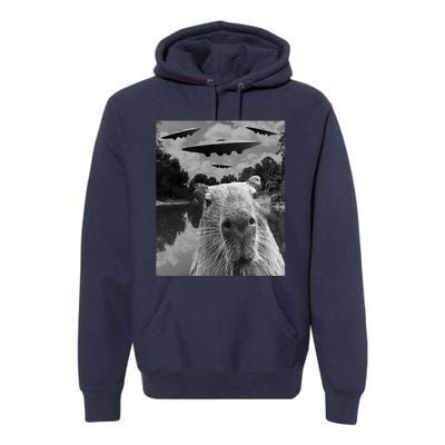 Funny Graphic Capybara Selfie With Ufos Weird Premium Hoodie