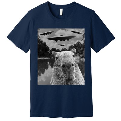 Funny Graphic Capybara Selfie With Ufos Weird Premium T-Shirt