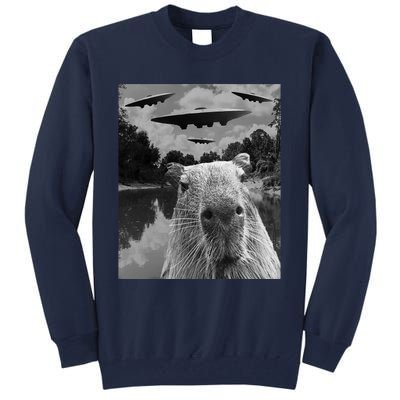 Funny Graphic Capybara Selfie With Ufos Weird Tall Sweatshirt