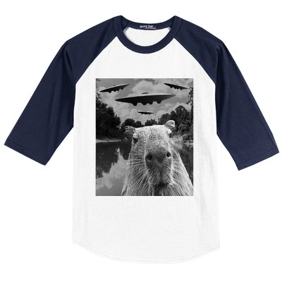 Funny Graphic Capybara Selfie With Ufos Weird Baseball Sleeve Shirt