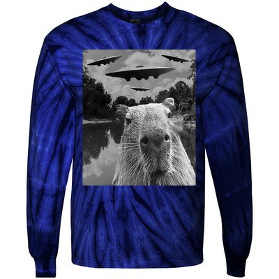 Funny Graphic Capybara Selfie With Ufos Weird Tie-Dye Long Sleeve Shirt