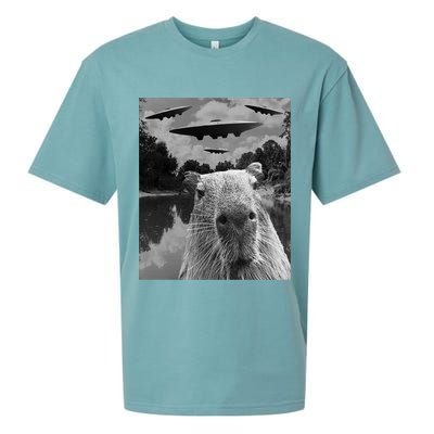 Funny Graphic Capybara Selfie With Ufos Weird Sueded Cloud Jersey T-Shirt