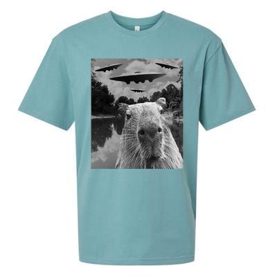 Funny Graphic Capybara Selfie With Ufos Weird Sueded Cloud Jersey T-Shirt