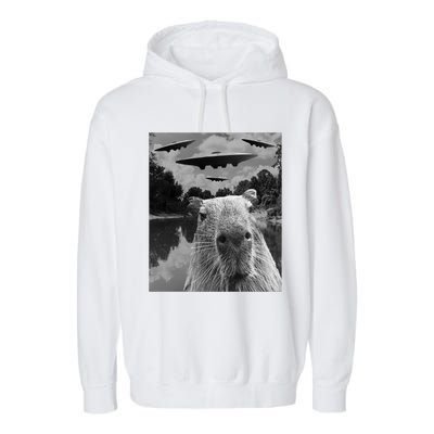 Funny Graphic Capybara Selfie With Ufos Weird Garment-Dyed Fleece Hoodie