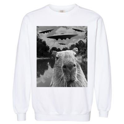 Funny Graphic Capybara Selfie With Ufos Weird Garment-Dyed Sweatshirt