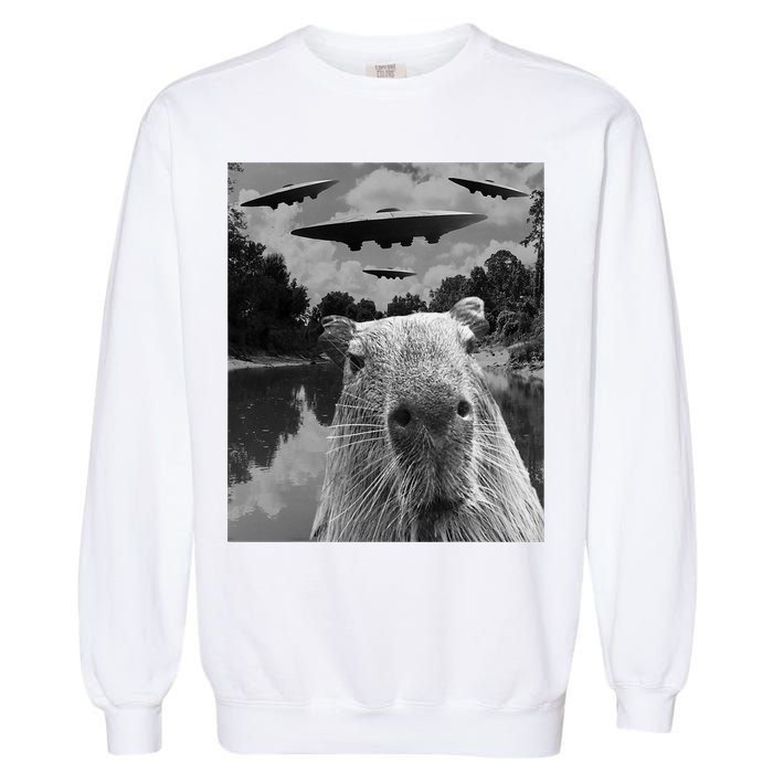 Funny Graphic Capybara Selfie With Ufos Weird Garment-Dyed Sweatshirt