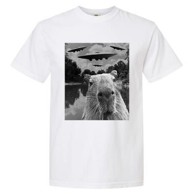 Funny Graphic Capybara Selfie With Ufos Weird Garment-Dyed Heavyweight T-Shirt