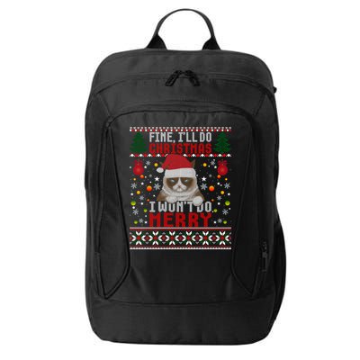 Funny Grumpy Christmas Cat Pun Joke Ugly Xmas Sweater Funny Gift City Backpack