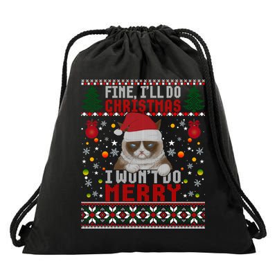 Funny Grumpy Christmas Cat Pun Joke Ugly Xmas Sweater Funny Gift Drawstring Bag