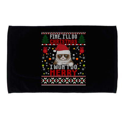 Funny Grumpy Christmas Cat Pun Joke Ugly Xmas Sweater Funny Gift Microfiber Hand Towel