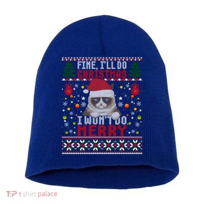 Funny Grumpy Christmas Cat Pun Joke Ugly Xmas Sweater Funny Gift Short Acrylic Beanie