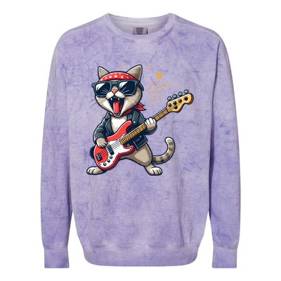 Funny Guitar Cat Graphic Guitar Lovers Cat Playing Bass Meaningful Gift Colorblast Crewneck Sweatshirt