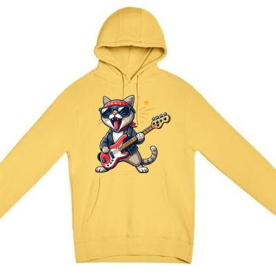 Funny Guitar Cat Graphic Guitar Lovers Cat Playing Bass Meaningful Gift Premium Pullover Hoodie