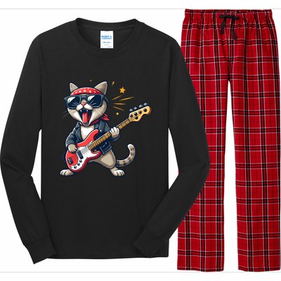 Funny Guitar Cat Graphic Guitar Lovers Cat Playing Bass Meaningful Gift Long Sleeve Pajama Set