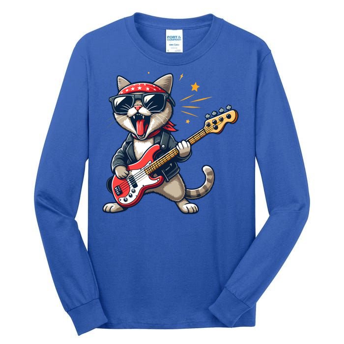 Funny Guitar Cat Graphic Guitar Lovers Cat Playing Bass Meaningful Gift Tall Long Sleeve T-Shirt