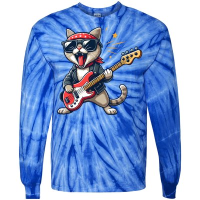 Funny Guitar Cat Graphic Guitar Lovers Cat Playing Bass Meaningful Gift Tie-Dye Long Sleeve Shirt