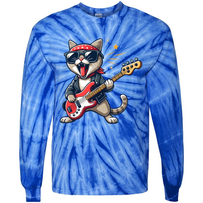 Funny Guitar Cat Graphic Guitar Lovers Cat Playing Bass Meaningful Gift Tie-Dye Long Sleeve Shirt