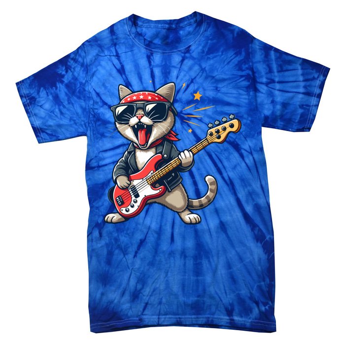 Funny Guitar Cat Graphic Guitar Lovers Cat Playing Bass Meaningful Gift Tie-Dye T-Shirt