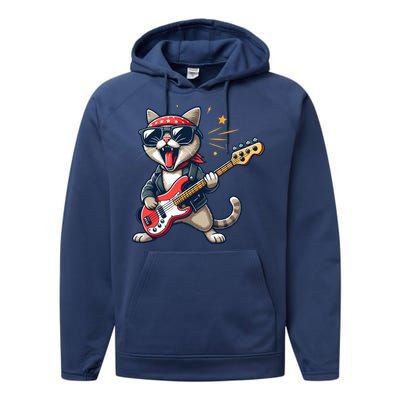 Funny Guitar Cat Graphic Guitar Lovers Cat Playing Bass Meaningful Gift Performance Fleece Hoodie