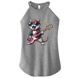 Funny Guitar Cat Graphic Guitar Lovers Cat Playing Bass Meaningful Gift Women's Perfect Tri Rocker Tank