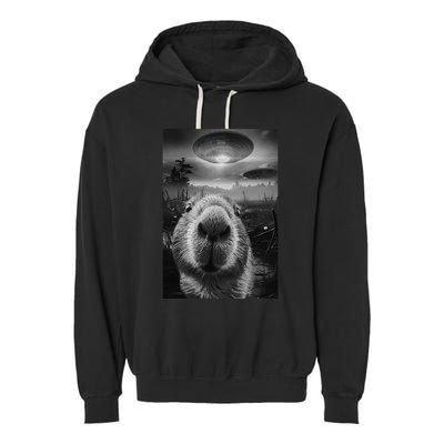 Funny Graphic Capybara Selfie With Ufos Weird Garment-Dyed Fleece Hoodie