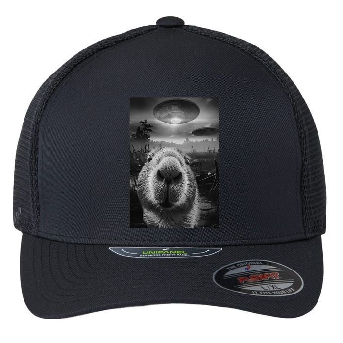 Funny Graphic Capybara Selfie With Ufos Weird Flexfit Unipanel Trucker Cap