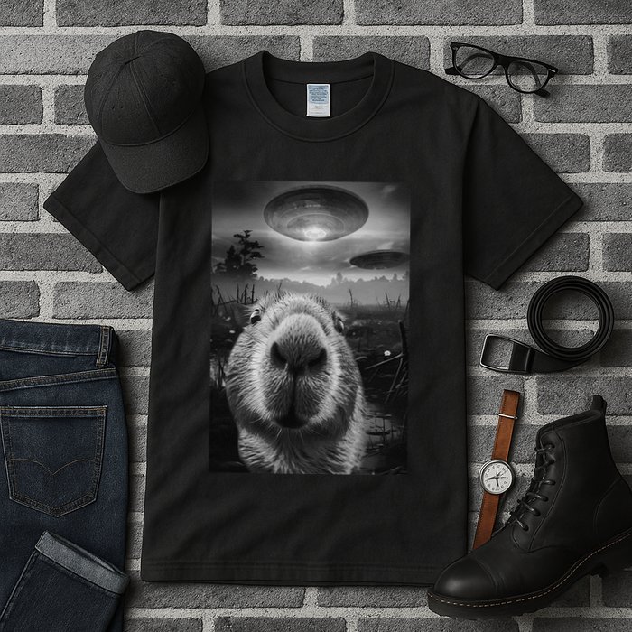 Funny Graphic Capybara Selfie With Ufos Weird Tall T-Shirt