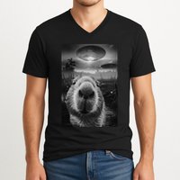 Funny Graphic Capybara Selfie With Ufos Weird V-Neck T-Shirt
