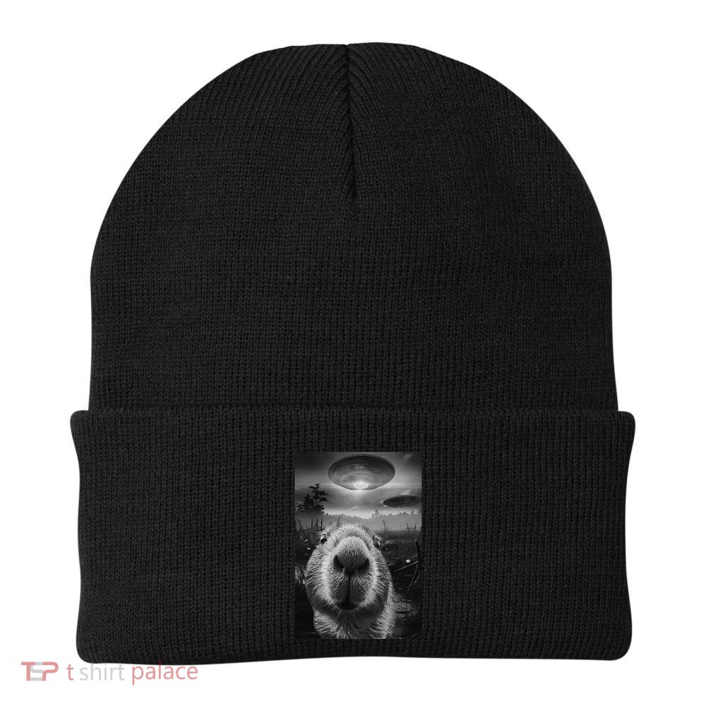 Funny Graphic Capybara Selfie With Ufos Weird Beanie