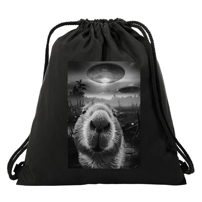 Funny Graphic Capybara Selfie With Ufos Weird Drawstring Bag