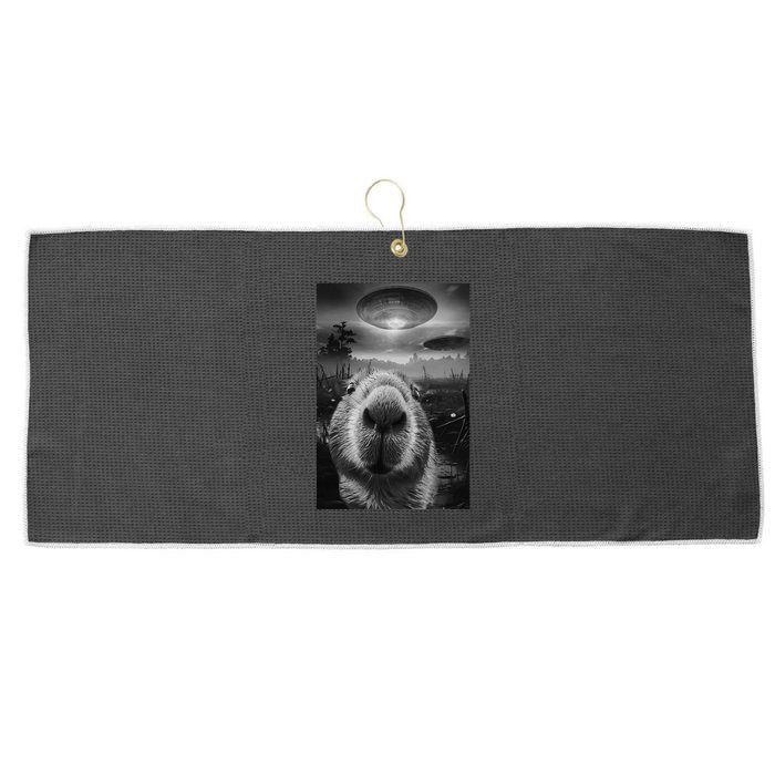 Funny Graphic Capybara Selfie With Ufos Weird Large Microfiber Waffle Golf Towel