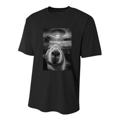 Funny Graphic Capybara Selfie With Ufos Weird Youth Performance Sprint T-Shirt