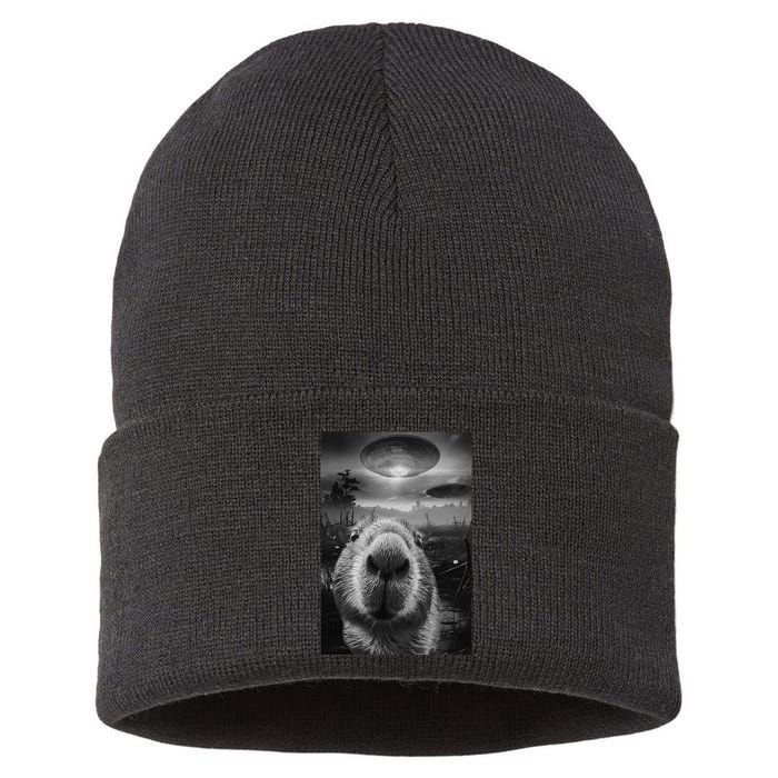 Funny Graphic Capybara Selfie With Ufos Weird Sustainable Knit Beanie
