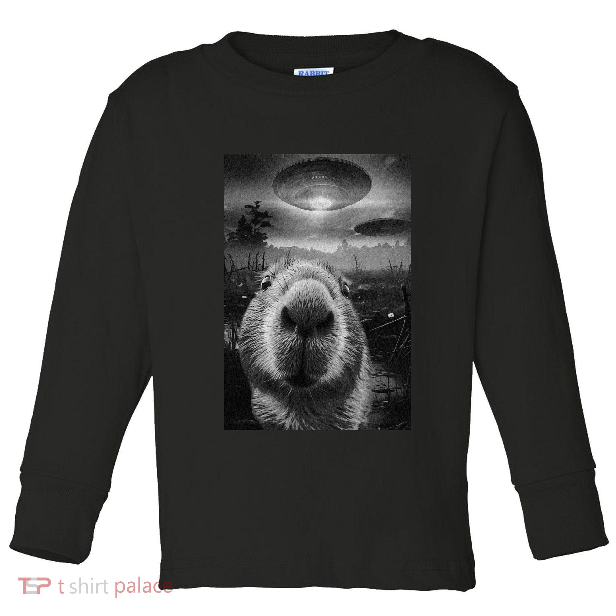 Funny Graphic Capybara Selfie With Ufos Weird Toddler Long Sleeve Shirt