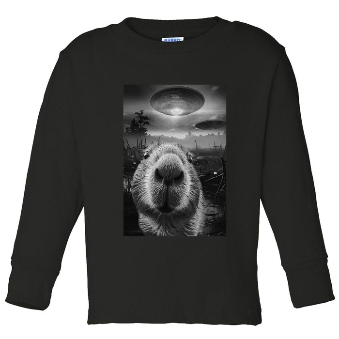 Funny Graphic Capybara Selfie With Ufos Weird Toddler Long Sleeve Shirt