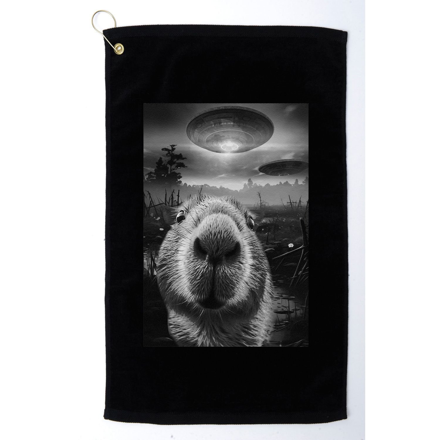 Funny Graphic Capybara Selfie With Ufos Weird Golf Towel