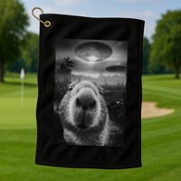 Funny Graphic Capybara Selfie With Ufos Weird Golf Towel
