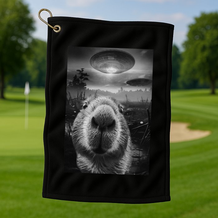 Funny Graphic Capybara Selfie With Ufos Weird Golf Towel