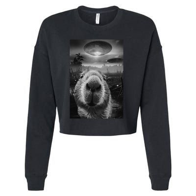 Funny Graphic Capybara Selfie With Ufos Weird Cropped Pullover Crew