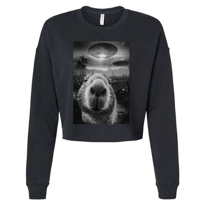 Funny Graphic Capybara Selfie With Ufos Weird Cropped Pullover Crew