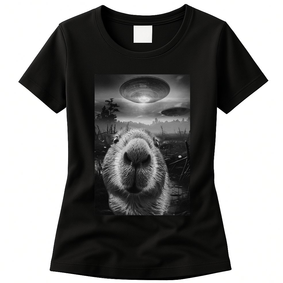 Funny Graphic Capybara Selfie With Ufos Weird Womens T-Shirt